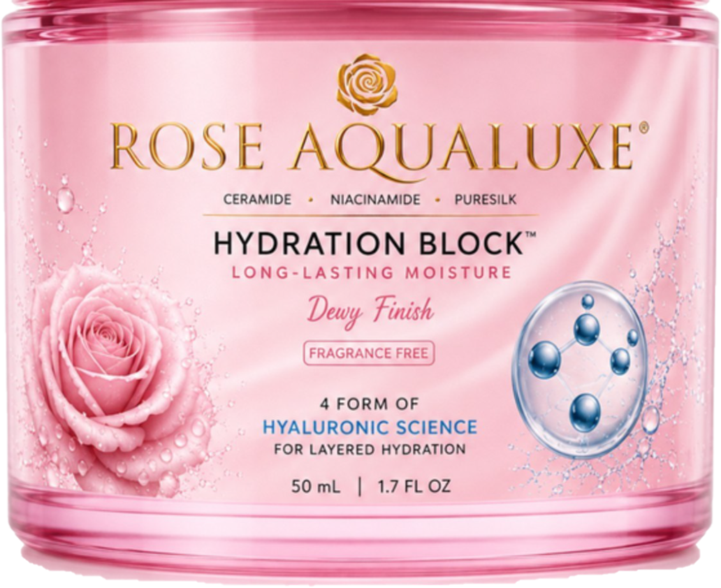 ROSE AQUALUXE Hydration Block™ — frosted pink glass jar with pink lid